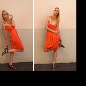 Barva líčení pro blondýnku k zářivě oranžovým šatům